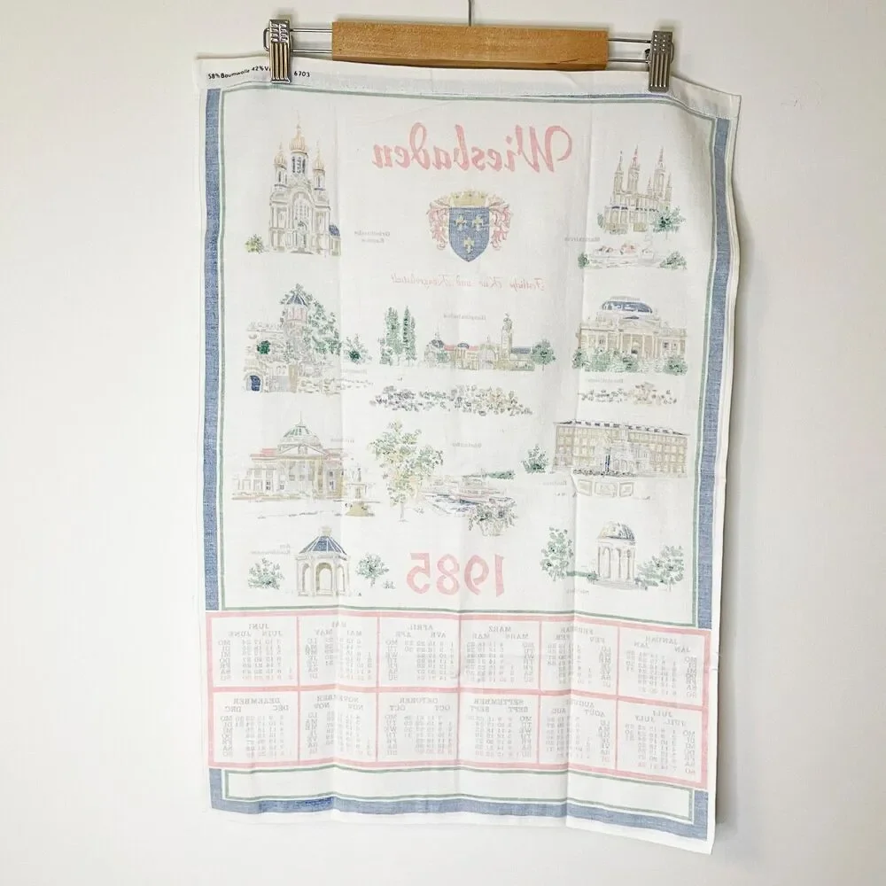 Vintage 1985 Wiesbaden Germany Tea Towel Calendar Souvenir Dish Towel Baumwolle